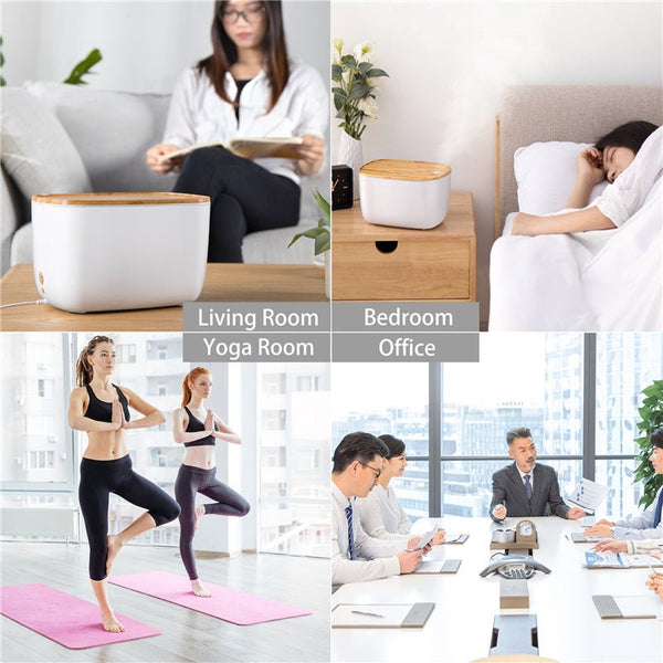 Witte luchtbevochtiger met houten deksel in woonkamer, slaapkamer, yogaruimte en kantoor. Ideaal voor luchtzuivering en aromatherapie.