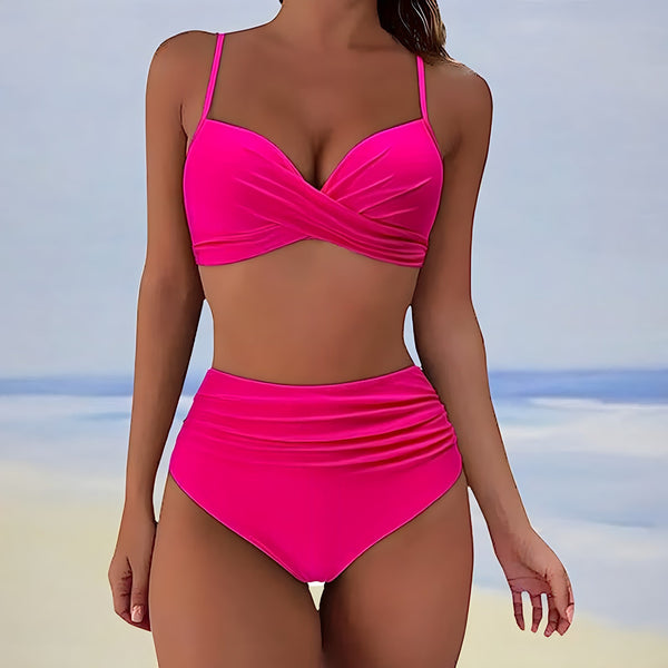 Roze bikini dames, hoge taille, strandkleding, zomer, modetrend, badmode, tweedelig, strand, zwemkleding, stijlvolle outfit, vakantie.