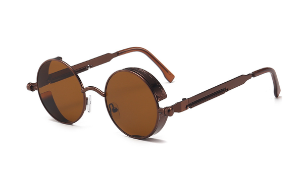 Ronde bruine zonnebril met metalen montuur en getinte glazen, modieuze unisex accessoire, perfect voor zomer en casual stijl.