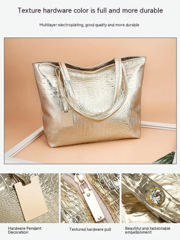 Gouden krokodillenleren handtas met hardware details, stijlvolle damesmode, duurzame meerlaagse galvanisatie, luxe accessoire voor dagelijks gebruik.