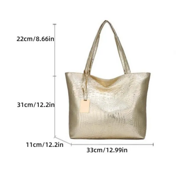 Gouden dameshandtas met krokodillenprint, afmetingen 33x31x11 cm, stijlvolle schoudertas, modieuze accessoire voor dagelijks gebruik.
