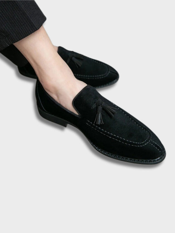 Zwarte Italiaanse loafers met kwastjes, herenmode, leren schoenen, stijlvolle casual schoenen, handgemaakt, luxe schoeisel, Florence design.