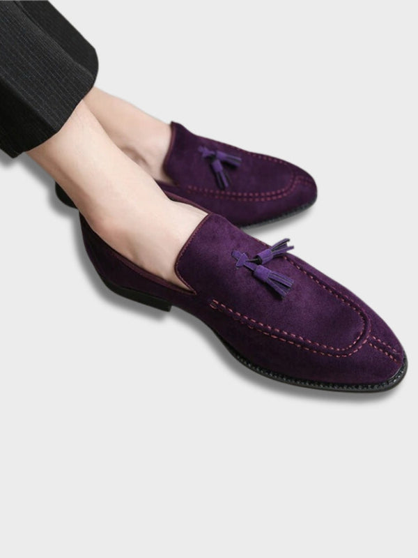 Paarse Italiaanse loafers met kwastjes, herenmode, luxe suède schoenen, stijlvolle casual schoenen, handgemaakt in Florence, Italië.