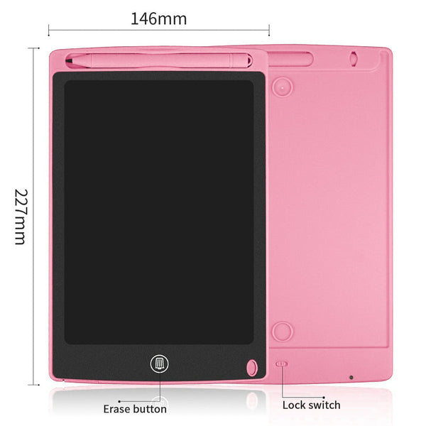Roze 8,5 inch LCD schrijftablet met stylus, wis-knop en vergrendelingsschakelaar. Ideaal voor notities, tekeningen en digitale schetsen.