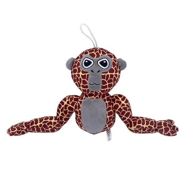 Pluche gorilla knuffel met luipaardprint, bruin en grijs, speelgoed voor kinderen, unieke dierenknuffel, decoratief en zacht.