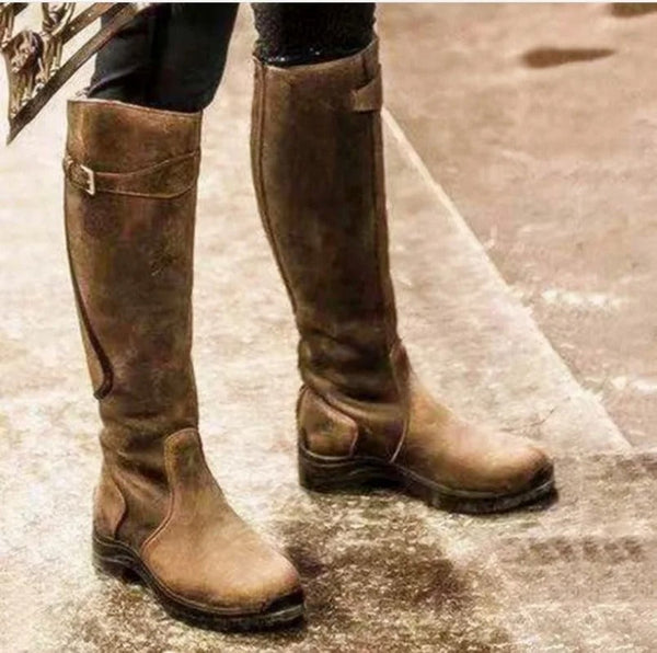 Bruine leren laarzen voor dames, kniehoge stijl, modieuze herfst- en wintermode, comfortabele pasvorm, geschikt voor dagelijks gebruik.