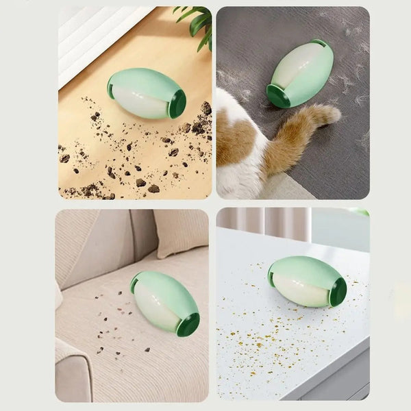 Groene mini-stofzuiger op tafel, bank en vloer, ideaal voor het verwijderen van kruimels, stof en dierenharen. Compact en efficiënt schoonmaakapparaat.