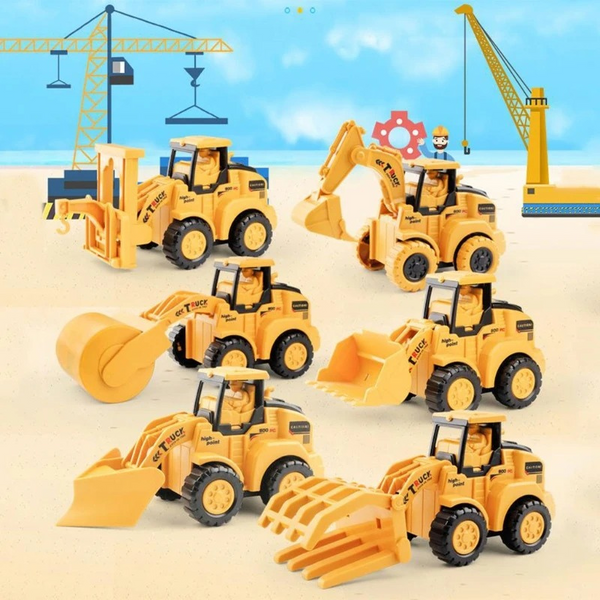 Zes gele speelgoed graafmachines en bulldozers op een bouwplaats met kranen, ideaal voor kinderen. Educatief bouwspeelgoed, duurzaam en creatief.