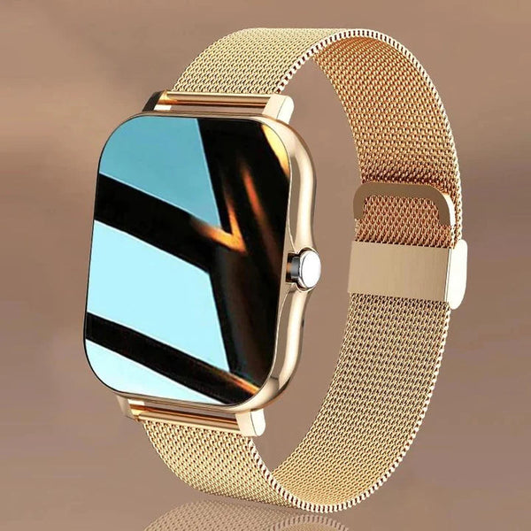 Gouden smartwatch met volledig touchscreen en metalen band, geschikt voor fitness tracking en Bluetooth bellen. Stijlvol ontwerp voor dames en heren.