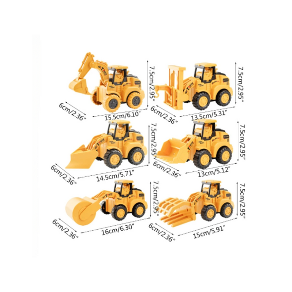 Zes gele bouwvoertuigen speelgoedset, inclusief graafmachine, vorkheftruck en bulldozer, met afmetingen in centimeters. Geschikt voor kinderen.