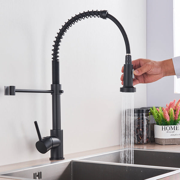 Mat zwarte keukenkraan met flexibele uitloop en handdouche, moderne designkraan voor keuken, waterbesparend, geschikt voor spoelbak.