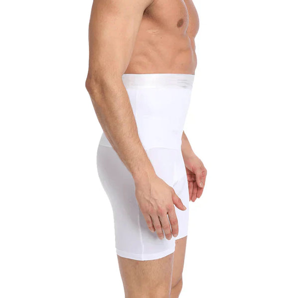 Witte herencorset voor taille en buikondersteuning, zijaanzicht. Comfortabel shapewear, naadloos ontwerp, geschikt voor dagelijks gebruik.