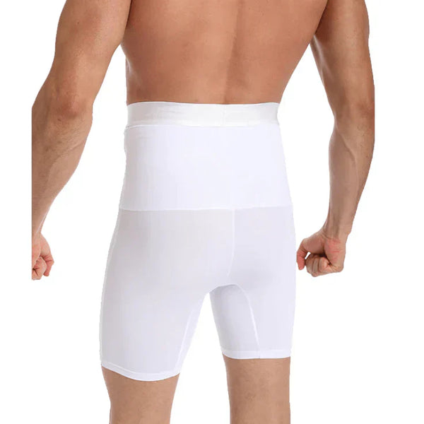 Witte herengordel voor taille en buikondersteuning, naadloos ontwerp, rugaanzicht. Ideaal voor afslanken en compressie. Comfortabele pasvorm.