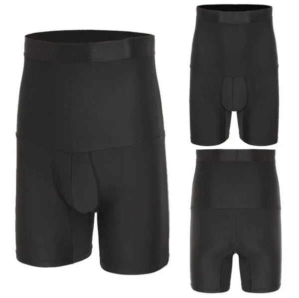 Zwarte herencorset, hoge taille, naadloos ontwerp, buikcontrole, compressie, slankmakend, comfortabel, elastisch materiaal, driehoekige voorzijde.