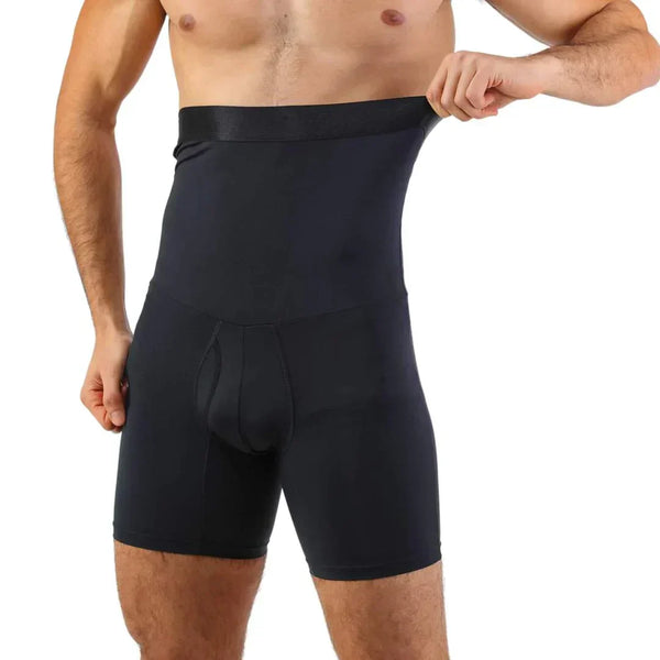 Man draagt zwarte herencorset, hoge taille, naadloos ontwerp, bevordert slanke taille en buikondersteuning, ideaal voor shapewear en compressie.