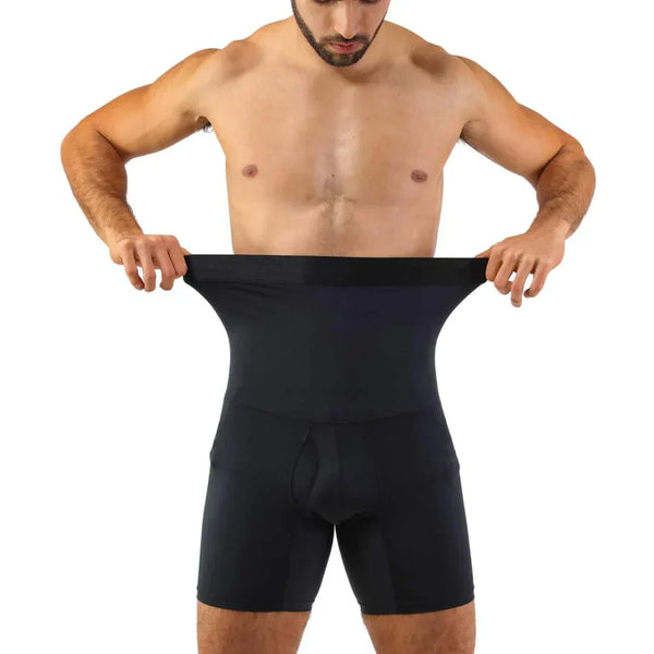 Man draagt zwarte herencorset, toont slankmakend effect. Compressiekleding voor mannen, buikband, shapewear, fitness, tailleondersteuning.