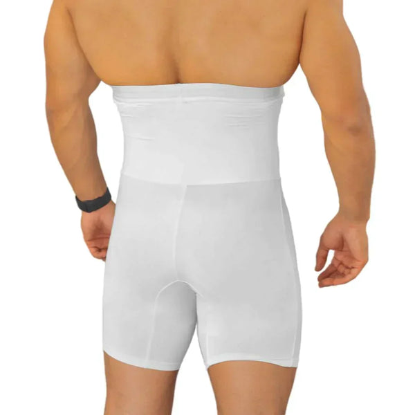 Man in witte corrigerende herengordel, rugaanzicht. Naadloos ontwerp voor taille- en buikondersteuning. Comfortabele shapewear voor mannen.