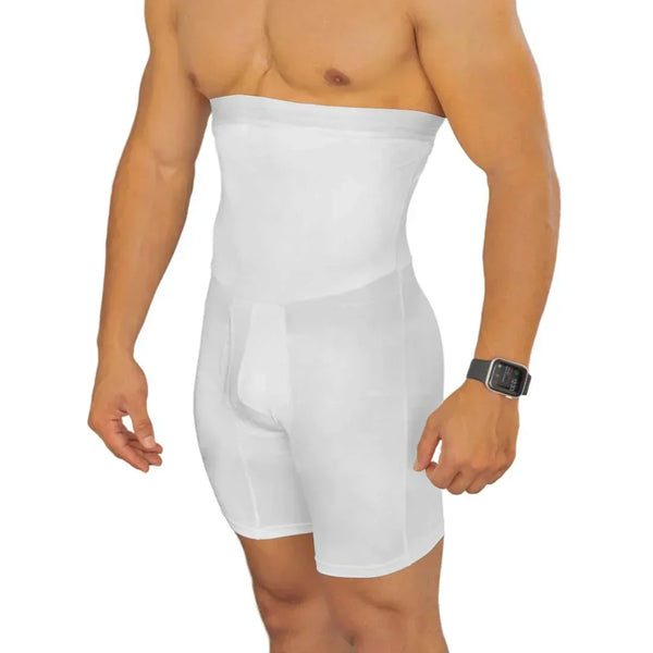 Man draagt witte corrigerende herengordel, ontworpen voor taille- en buikondersteuning. Ideaal voor shapewear en compressiekleding.