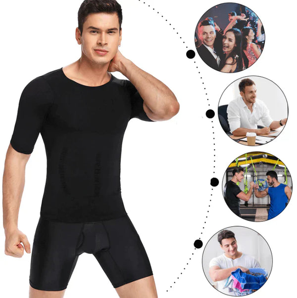 Zwarte herengordel en compressieshirt, model toont slankmakende shapewear. Ideaal voor fitness, mode en dagelijks gebruik. Comfortabele pasvorm.