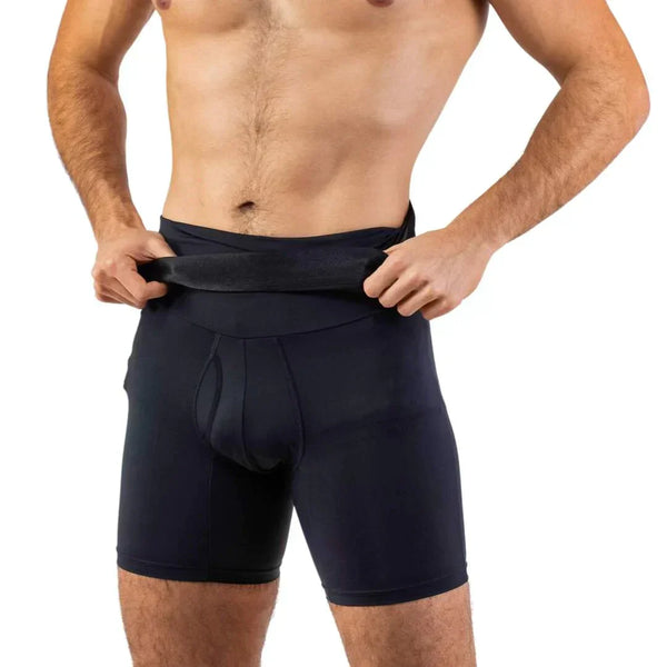 Man draagt zwarte herengordel, corrigerend ondergoed voor buik en taille, naadloos ontwerp, ideaal voor afslanken en ondersteuning.