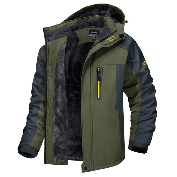 Waterdichte en winddichte groene heren ski-jas met capuchon, geschikt voor wandelen en snowboarden. Ideaal voor winteractiviteiten en outdoor avonturen.
