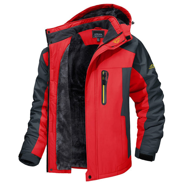 Rode heren ski-jas, waterdicht en winddicht, met capuchon en ritszakken. Ideaal voor skiën, snowboarden en wandelen in koude omstandigheden.