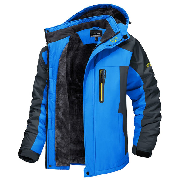 Blauwe heren ski-jas, waterdicht en winddicht, met capuchon en ritszakken. Ideaal voor snowboarden en wandelen in koude omstandigheden.