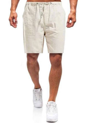 Beige katoenen herenshorts, casual zomerstijl, met elastische tailleband en trekkoord, ideaal voor strand, fitness en basketbal.