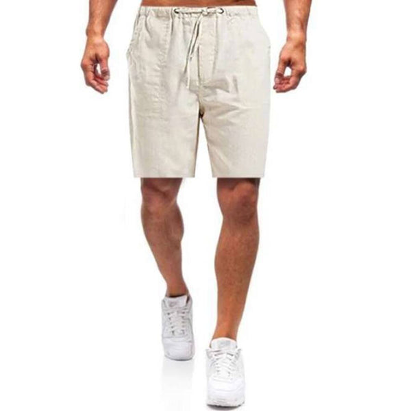 Beige katoenen herenshorts, casual zomerstijl, met elastische tailleband en trekkoord, ideaal voor strand, fitness en basketbal.