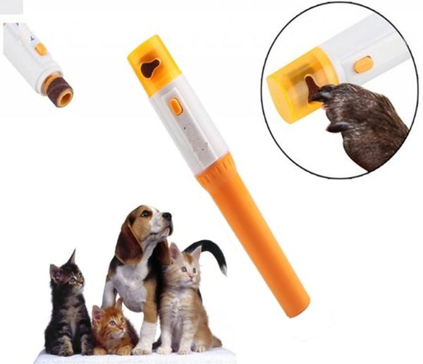 Elektrische nagelvijl voor honden en katten, oranje-wit ontwerp, veilig en stil, ideaal voor huisdierverzorging, inclusief close-up van gebruik.