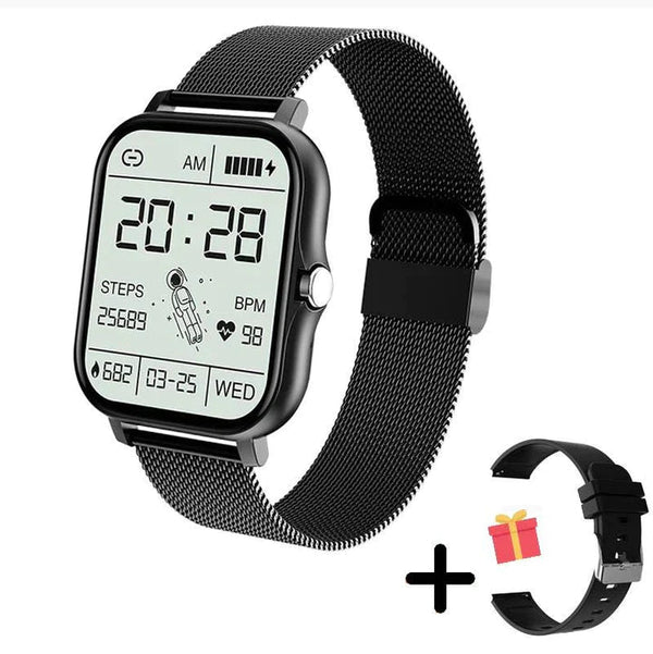 Zwarte smartwatch met metalen band, digitale wijzerplaat, gezondheidsmonitoring, datum- en tijdweergave, inclusief extra band.