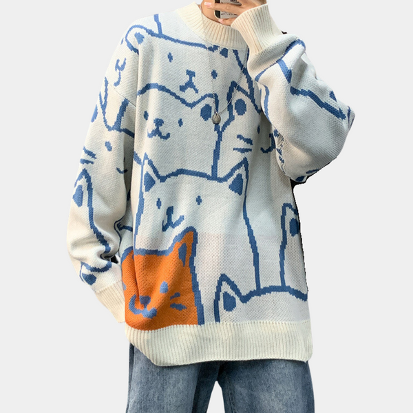 Oversized trui met kattenprint, uniseks design, gebreid katoen, casual stijl, blauw en oranje kattenmotief, ideaal voor herfstmode.