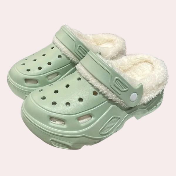 Groene klompen met bontvoering, comfortabele unisex schoenen, ideaal voor binnen en buiten, antislip, lichtgewicht, modieus en duurzaam.