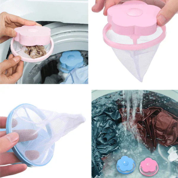 Roze en blauwe wasmachine pluizenfilter, herbruikbaar, vangt huisdierharen en pluizen op tijdens het wassen. Ideaal voor schone kleding.