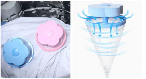 Roze en blauwe pluizenverwijderaar voor wasmachine, effectief voor het vangen van huisdierharen en pluisjes tijdens het wassen. Innovatief wasaccessoire.