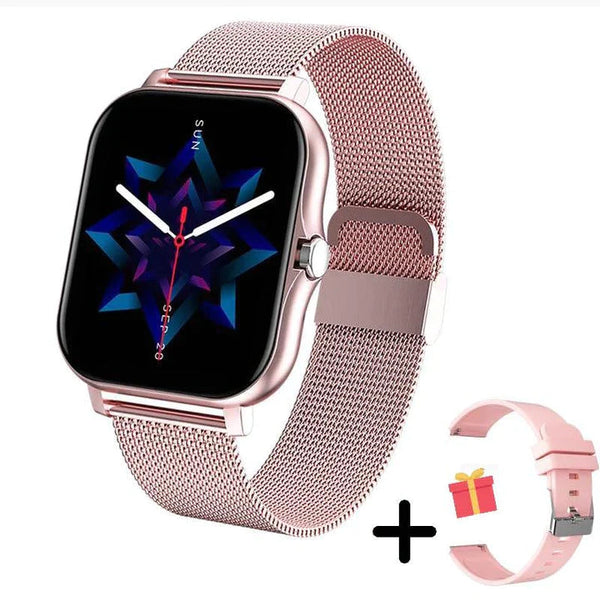 Roze smartwatch met metalen band en geometrisch display, inclusief extra roze band. Stijlvolle wearable technologie voor dames.
