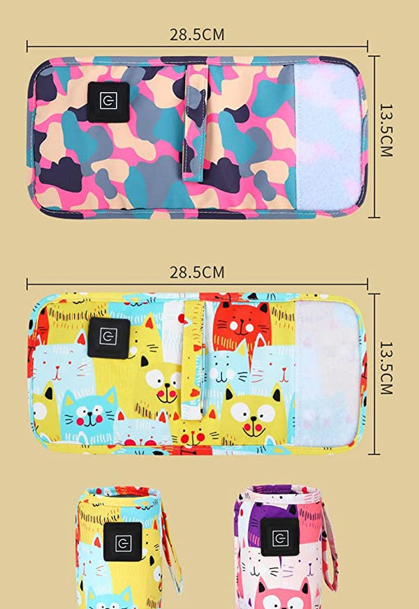Afbeelding van draagbare USB-flesverwarmer met kleurrijk katten- en camouflageontwerp, afmetingen 28,5 cm x 13,5 cm, ideaal voor onderweg.