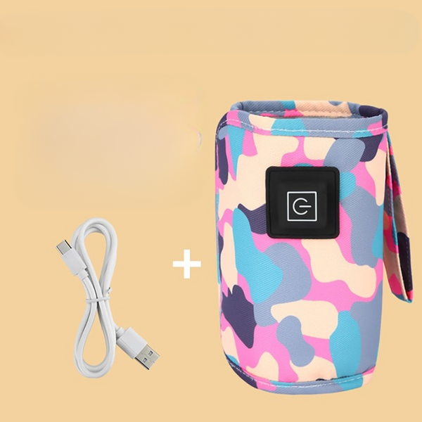 Draagbare USB-flesverwarmer met kleurrijk camouflagedesign en USB-kabel. Ideaal voor onderweg, babyvoeding, en snelle verwarming.