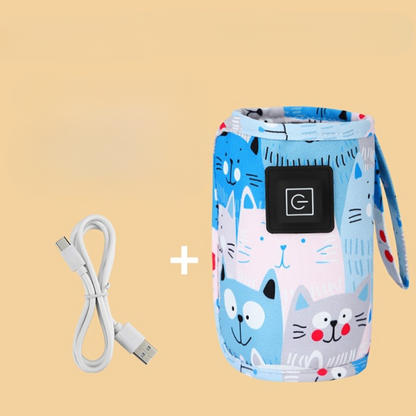 Draagbare USB-flesverwarmer met schattig kattenpatroon en USB-kabel, ideaal voor onderweg, babyvoeding, snelle verwarming.