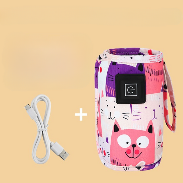 Draagbare USB-flesverwarmer met kleurrijk kattenpatroon, inclusief USB-kabel. Ideaal voor onderweg, babyflesjes snel en efficiënt verwarmen.