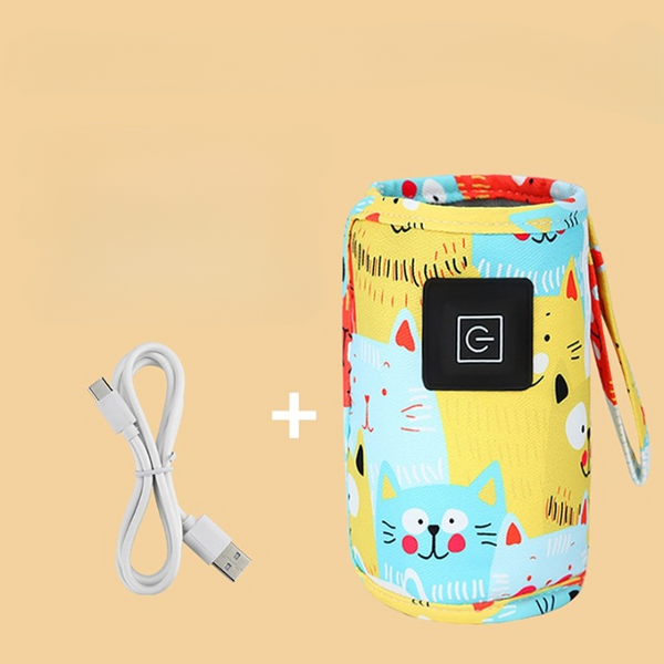 Draagbare USB-flesverwarmer met kleurrijk kattenpatroon, inclusief USB-kabel. Ideaal voor onderweg, babyvoeding, en reizen.