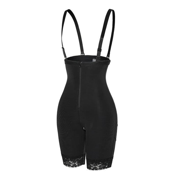 Zwarte corrigerende body met verstelbare bandjes en kanten details, ideaal voor shapewear en figuurcorrectie. Comfortabel en stijlvol ontwerp.