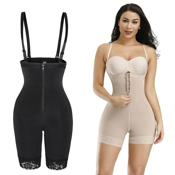 Twee shapewear bodysuits voor dames, zwart en beige, met verstelbare bandjes en ritssluiting. Ideaal voor figuurcorrectie en comfort.