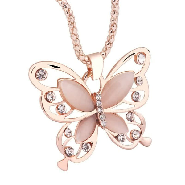 Gouden vlinderhanger met kristallen, elegante ketting, sieradenaccessoire, modieuze damesketting, perfect cadeau voor vrouwen.