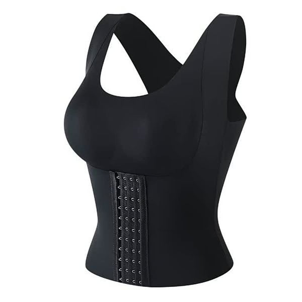 Zwarte tailletrainer voor dames, naadloos ontwerp met verstelbare haaksluiting. Ideaal voor afslanken en rugondersteuning. Fitness en shapewear.