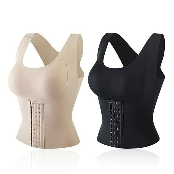Twee corrigerende shapewear tops in beige en zwart met verstelbare haaksluiting, ontworpen voor tailleondersteuning en figuurvorming.