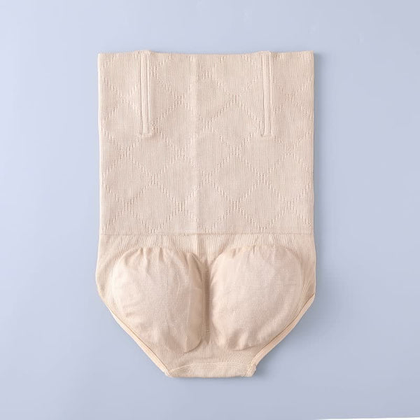 Beige corrigerend ondergoed met hoge taille en verstevigde billen, naadloos ontwerp, ideaal voor figuurcorrectie en comfort.