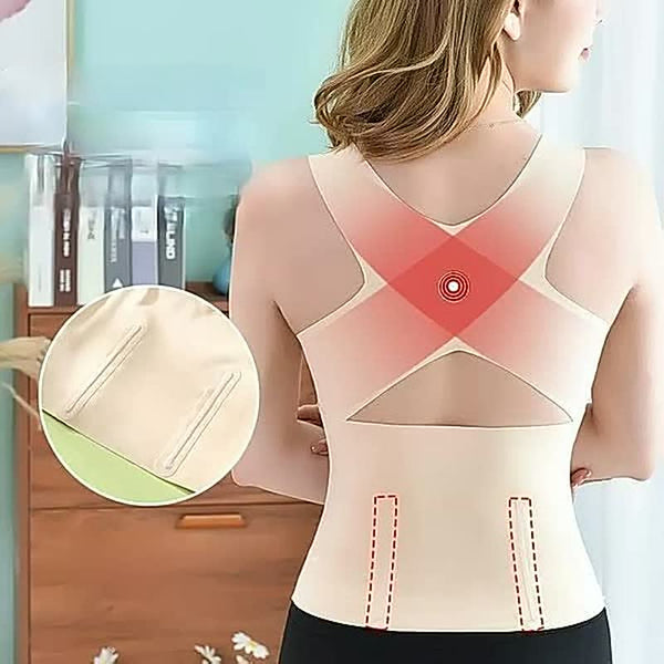 Dames rugsteun brace, beige, ergonomisch ontwerp, verstelbare bandjes, rugpijn verlichting, houding corrector, comfortabel materiaal, thuisgebruik.