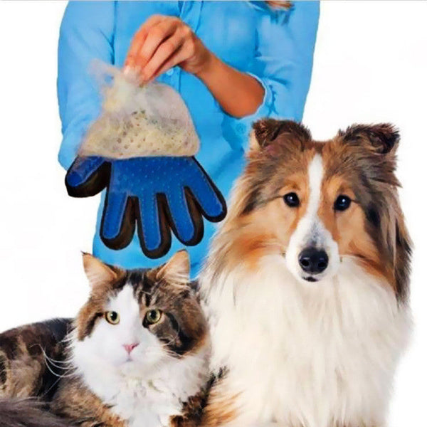 Honden- en kattenverzorgingshandschoen, blauw, verwijdert losse haren. Ideaal voor huisdierverzorging, vachtverzorging, huisdieraccessoires.