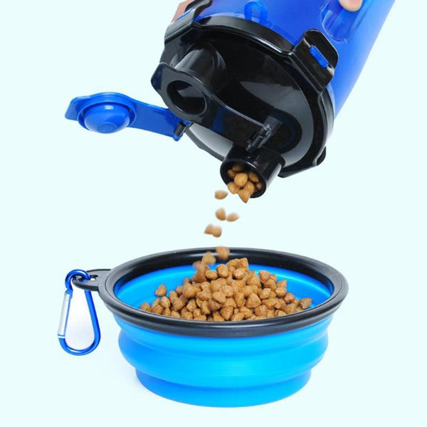 Blauwe opvouwbare hondenvoerbak met karabijnhaak en voerdispenser. Ideaal voor reizen en wandelen met huisdieren. Handige draagbare hondenaccessoire.